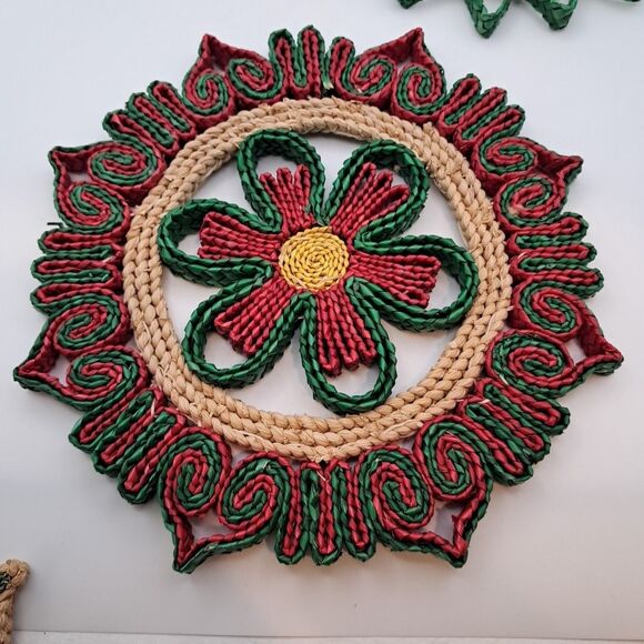 Vtg Lot Of 3 Straw Trivets Hot Pad Boho Christmas Hippie Scandinavian Red Green - Picture 5 of 7